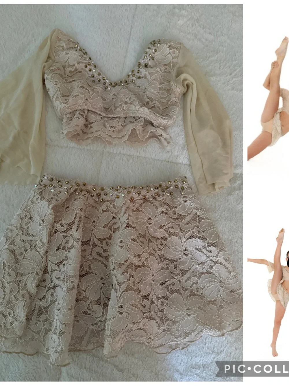 Girls Lace Dance Costume Set in Cream with Beaded Trim